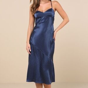 Lulus Certainly Flawless Navy Satin Rhinestone Cowl Back Midi Dress Blue